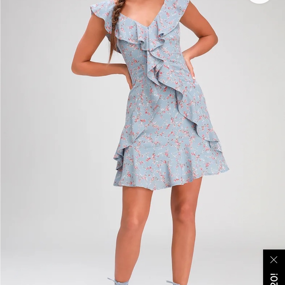 Lulus Radiant Rosa Light Blue Floral Print Ruffled Mini Dress Size M